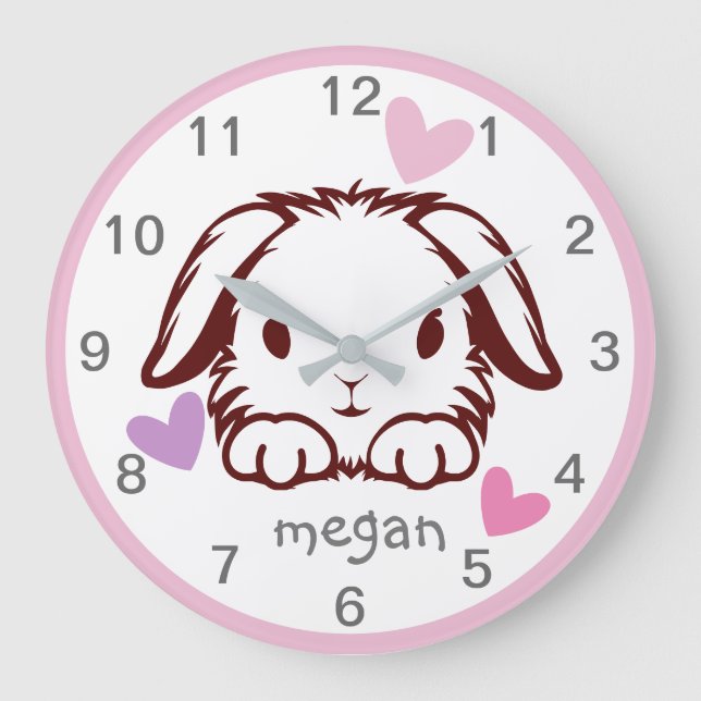 Grande Horloge Ronde Pink Grey Baby Animal Bunny Papillon Nursery (Recto)