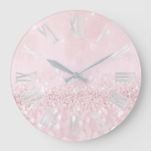 Grande Horloge Ronde Pink Pastel Girly Parties scintillant Gris chiffre