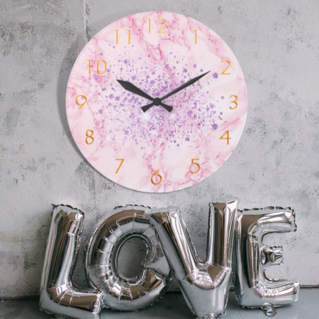 Grande Horloge Ronde Pink purple marble glitter sparkle (Créateur téléchargé)