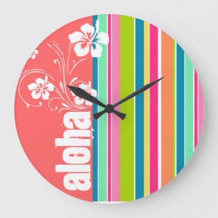 Grande Horloge Ronde Pink saumon & Seafoam Vert rayé : Aloha