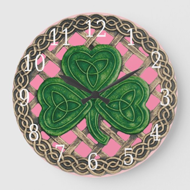 Grande Horloge Ronde Pink shamrock and celtic knots Round clock (Recto)