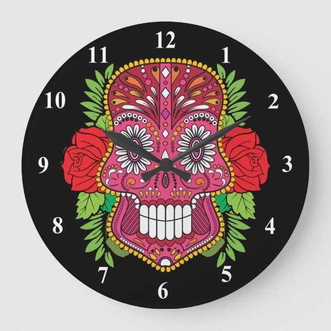 Grande Horloge Ronde Pink Sugar Skull With Red Roses Green Leaves (Recto)