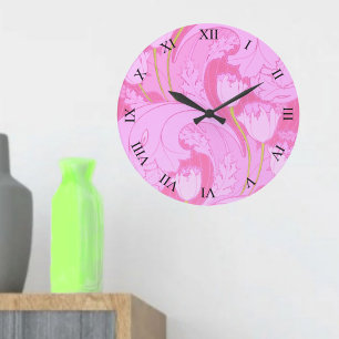 Grande Horloge Ronde Pink Vintage Tulip Floral