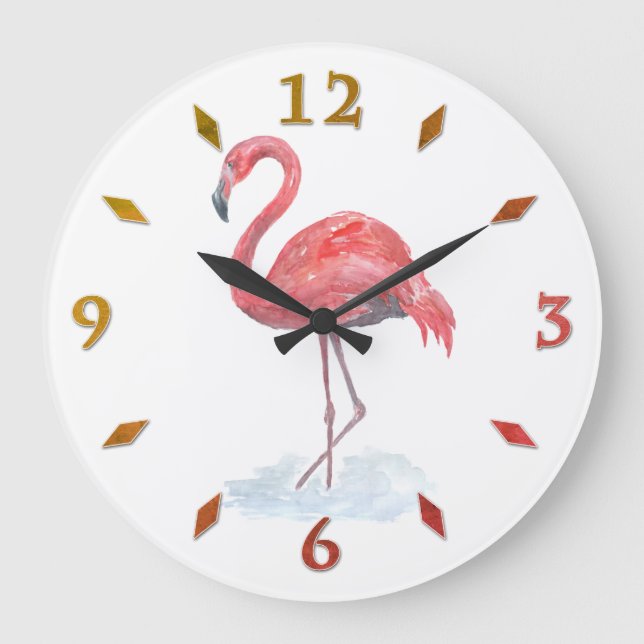 Grande Horloge Ronde Pink watercolor Flamingo . (Recto)