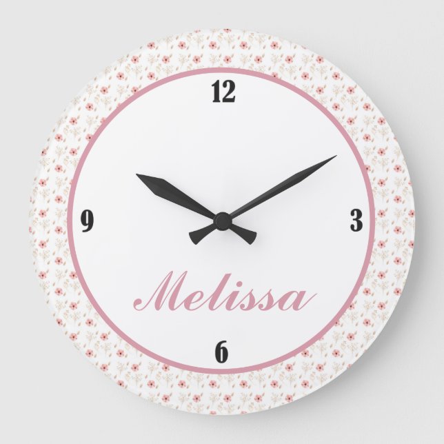 Grande Horloge Ronde Pink White Floral Girl Room Wall Clock (Recto)