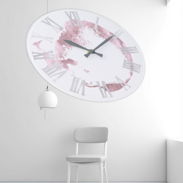 Grande Horloge Ronde Pink White Rose Blush Gray Roman Numbers (Pink White Rose Blush Gray Roman Numbers Large Clock)