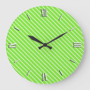 Grande Horloge Ronde Pinstripes diagonales - vert citron et blanc
