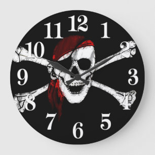 Grande Horloge Ronde Pirate crâne et os croisés