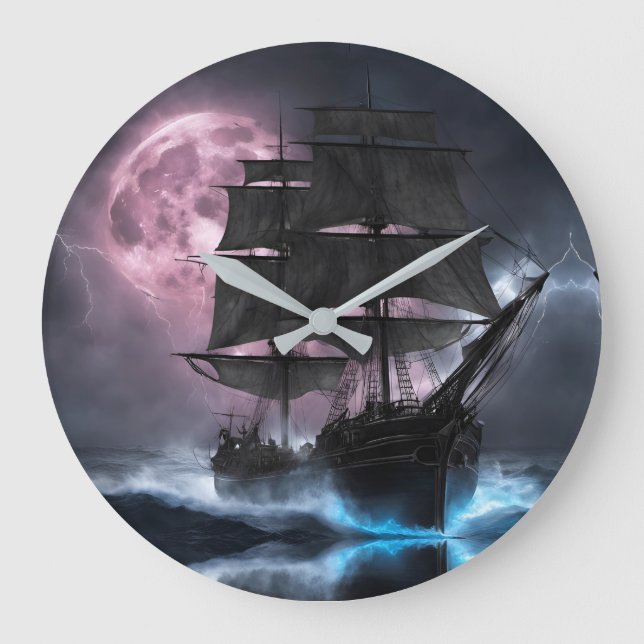 Grande Horloge Ronde Pirate Ship foudre fraise lune Personnaliser (Recto)
