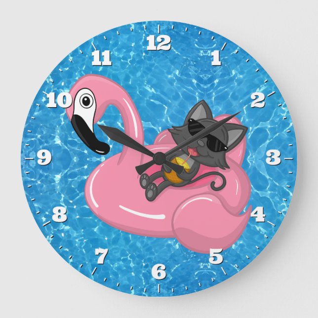 Grande Horloge Ronde Piscine Cute Cat Flamingo Blue Water (Recto)