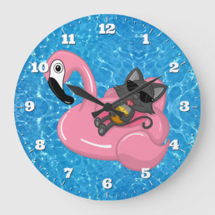 Grande Horloge Ronde Piscine Cute Chat Flamant rose Eau Bleue