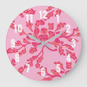 Grande Horloge Ronde Pivoine sinueuse en xylographie rose et orange