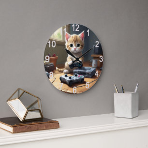 Grande Horloge Ronde "Pixel Paws : The Gamer Kitten in Action"