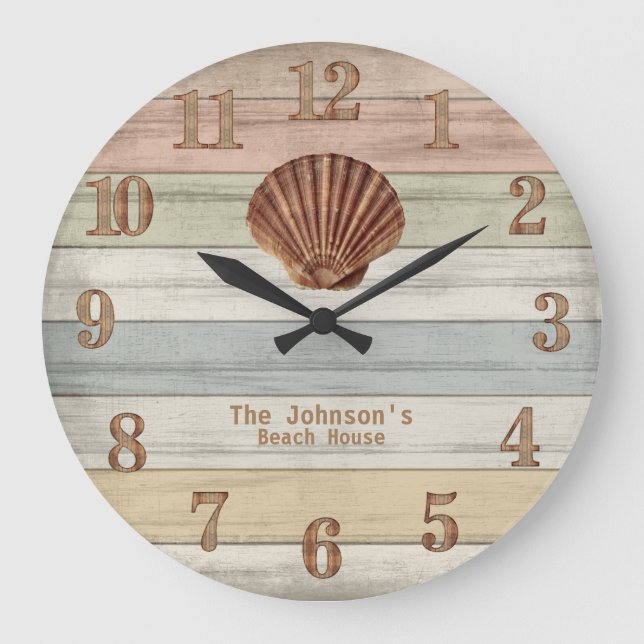 Grande Horloge Ronde Plage Bois Bandes Nautiques & Coquillages Grande H (Recto)