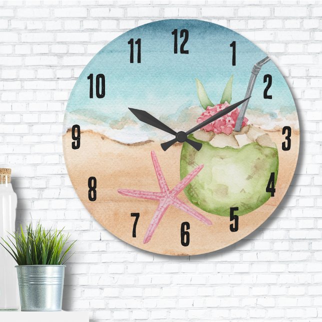 Grande Horloge Ronde Plage de l'heure du cocktail tropical (Cute Starfish Coconut Cocktail Drink Beach Large Clock)