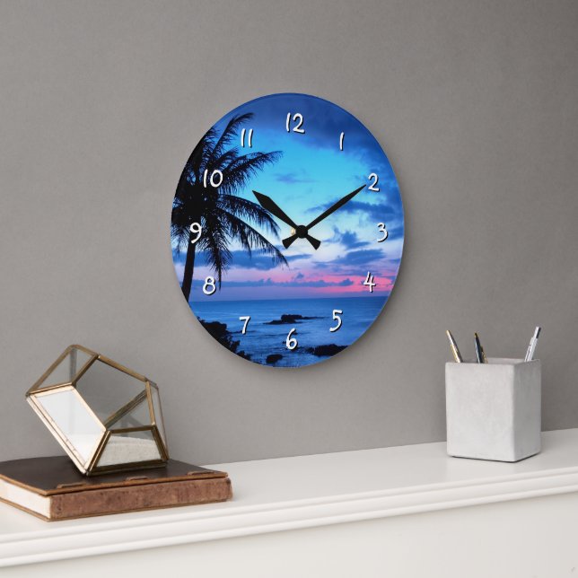 Grande Horloge Ronde Plage de l'île tropicale Océan bleu rose coucher d (Bureau)