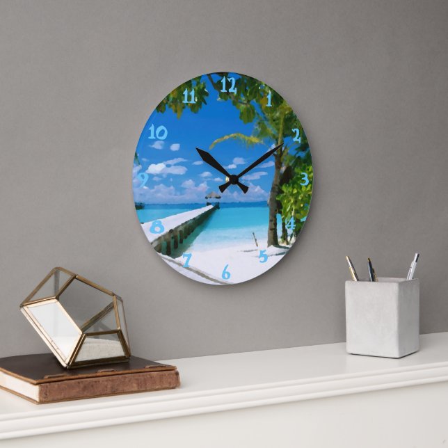 Grande Horloge Ronde Plage d'été tropicale Océan Aquarelle (Bureau)