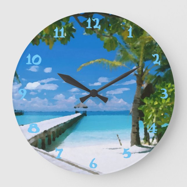 Grande Horloge Ronde Plage d'été tropicale Océan Aquarelle (Recto)
