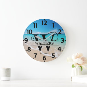 Grande Horloge Ronde Plage océanique paisible avec monogramme W