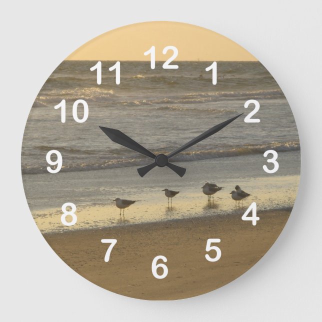 Grande Horloge Ronde Plage Terns Mouettes Oiseaux Nombres Océaniques (Recto)