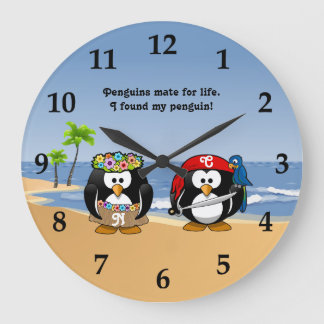 Grande Horloge Ronde Plage Tropical Penguins Couple Hula Pirate Island