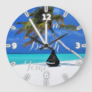 Grande Horloge Ronde Plage Tropicale Adorable,Sable Océan Ciel Palmier