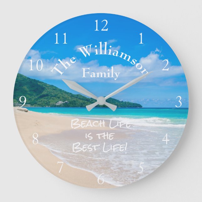 Grande Horloge Ronde Plage Tropicale Aqua Océan Sable Blanc Vagues (Recto)