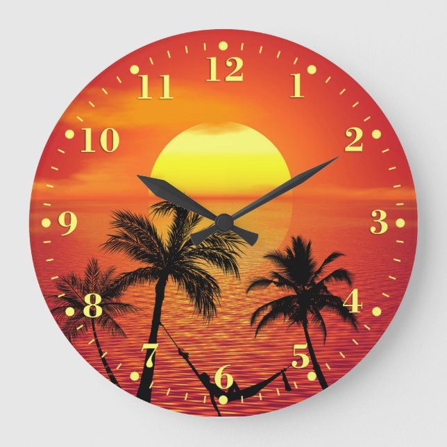 Grande Horloge Ronde Plage tropicale Coucher de soleil Océan Palmiers | (Recto)