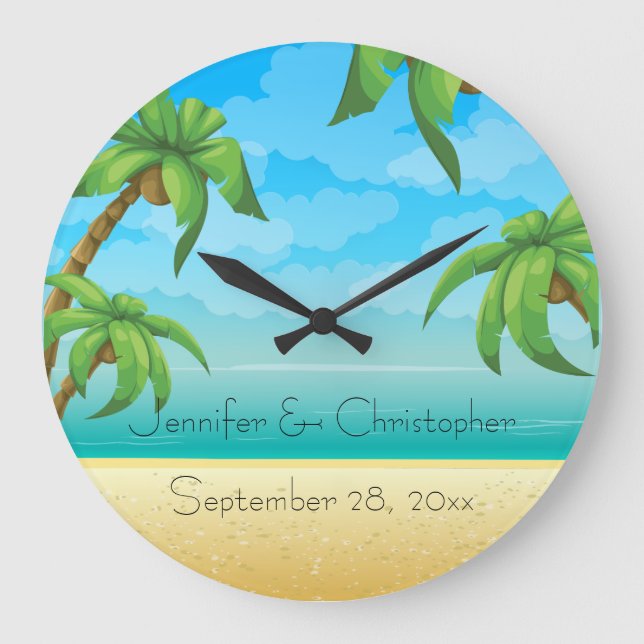 Grande Horloge Ronde Plage tropicale et palmiers épousant le souvenir (Recto)
