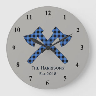 Grande Horloge Ronde Plaid bleu Axes croisés Plaid