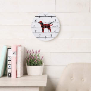 Grande Horloge Ronde Plaid Chien Labrador Rustic Shiplap Décor de ferme