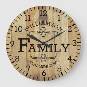 Grande Horloge Ronde Planches en Bois Rustique Anniversaire Nom de Fami