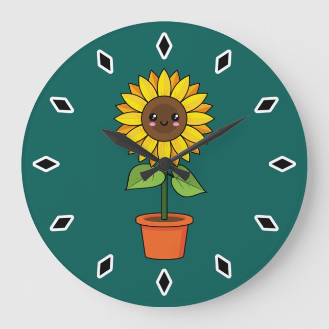 Grande Horloge Ronde Plante de tournesol Kawaii dans un pot (Recto)