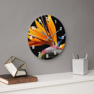 Grande Horloge Ronde Plante florale oiseau de paradis tropical orange