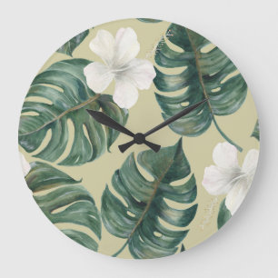 Grande Horloge Ronde Plantes d'aquarelle tropicale : motif transparent.