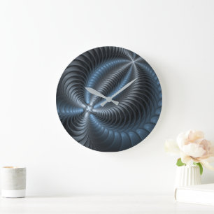 Grande Horloge Ronde Plastique bleu gris 3D Fractal Art moderne Abstrai