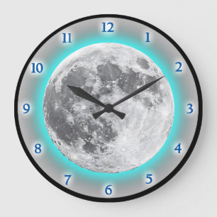Grande Horloge Ronde Pleine lune Effet lumineux Design Turquoise bleu