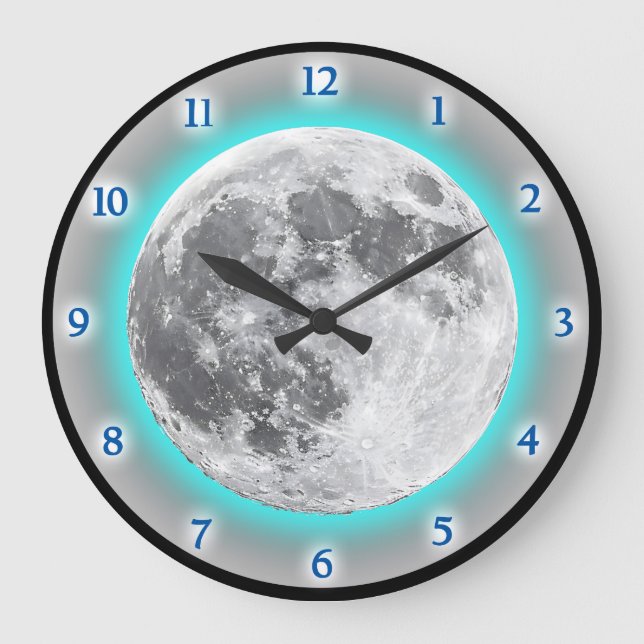 Grande Horloge Ronde Pleine lune Effet lumineux Design Turquoise bleu (Recto)