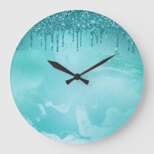 Grande Horloge Ronde Pluie de Parties scintillant turquoise sur marbre 