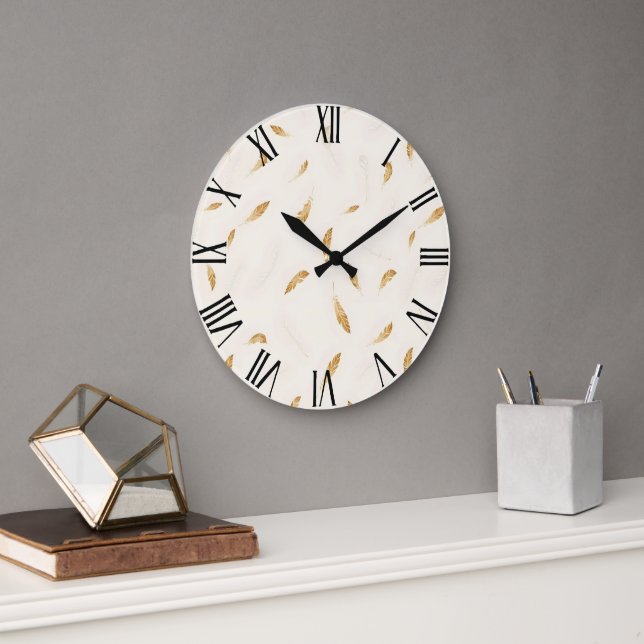 Grande Horloge Ronde Plumes Collection Boho Moderne Luxe (Bureau)