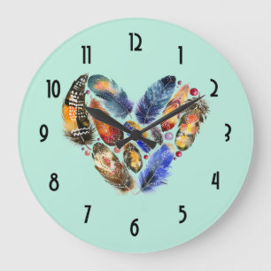 Grande Horloge Ronde Plumes dans une conception d'aquarelle de forme de