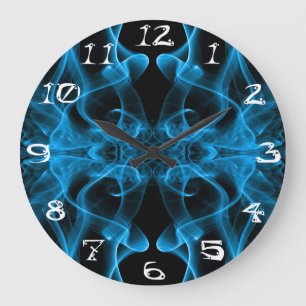 Grande Horloge Ronde Plumes de fumée bleue sur noir