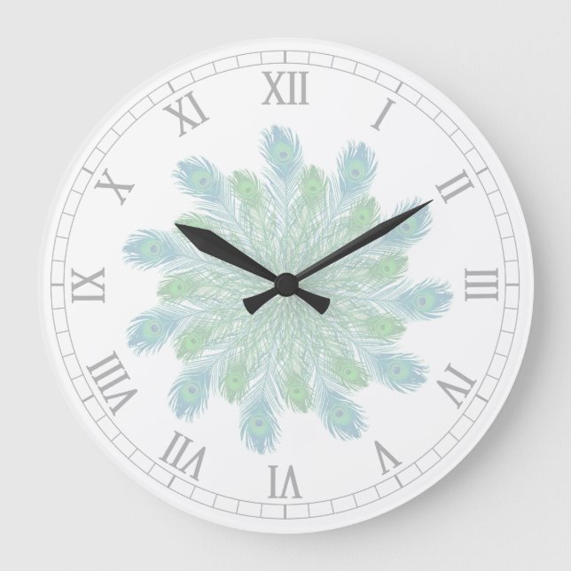 Grande Horloge Ronde Plumes de paon chic branchées (Recto)