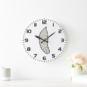 Grande Horloge Ronde Plumes dessinées à la main Nature minimaliste