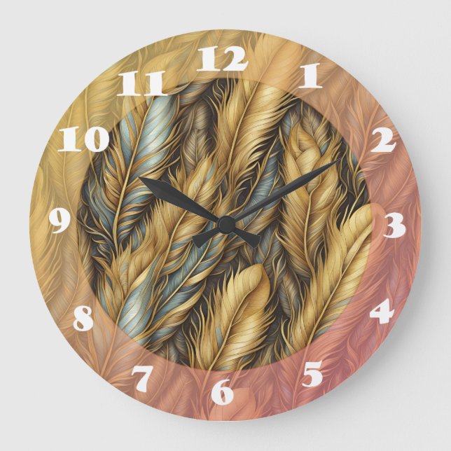 Grande Horloge Ronde Plumes d'or Argent Art (Recto)