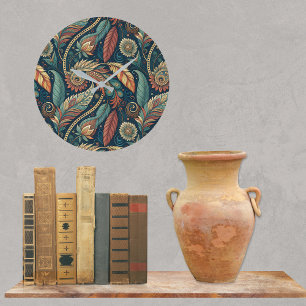 Grande Horloge Ronde Plumes Floral Paisley Abstrait Éclosion ethnique