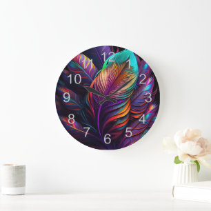 Grande Horloge Ronde Plumes Psychedéliques 70s 60s 