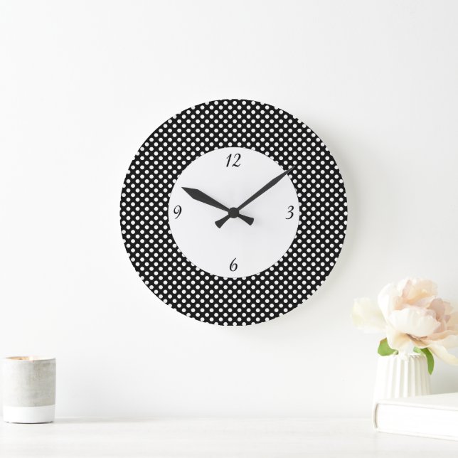 Grande Horloge Ronde Pois noirs et blancs tendance avec des chiffres (Maison)