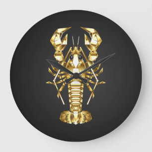 Grande Horloge Ronde Poisson à langouste polygonale dorée sur noir