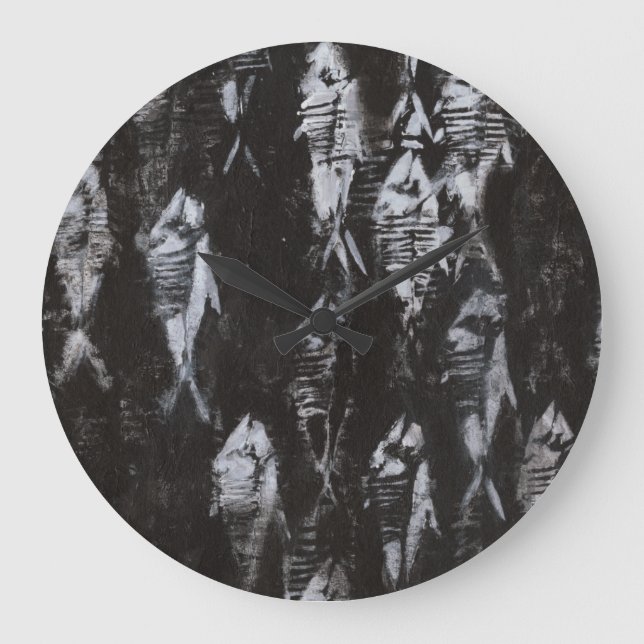 Grande Horloge Ronde Poisson blanc fossile sur Arrière - plan noir (Recto)